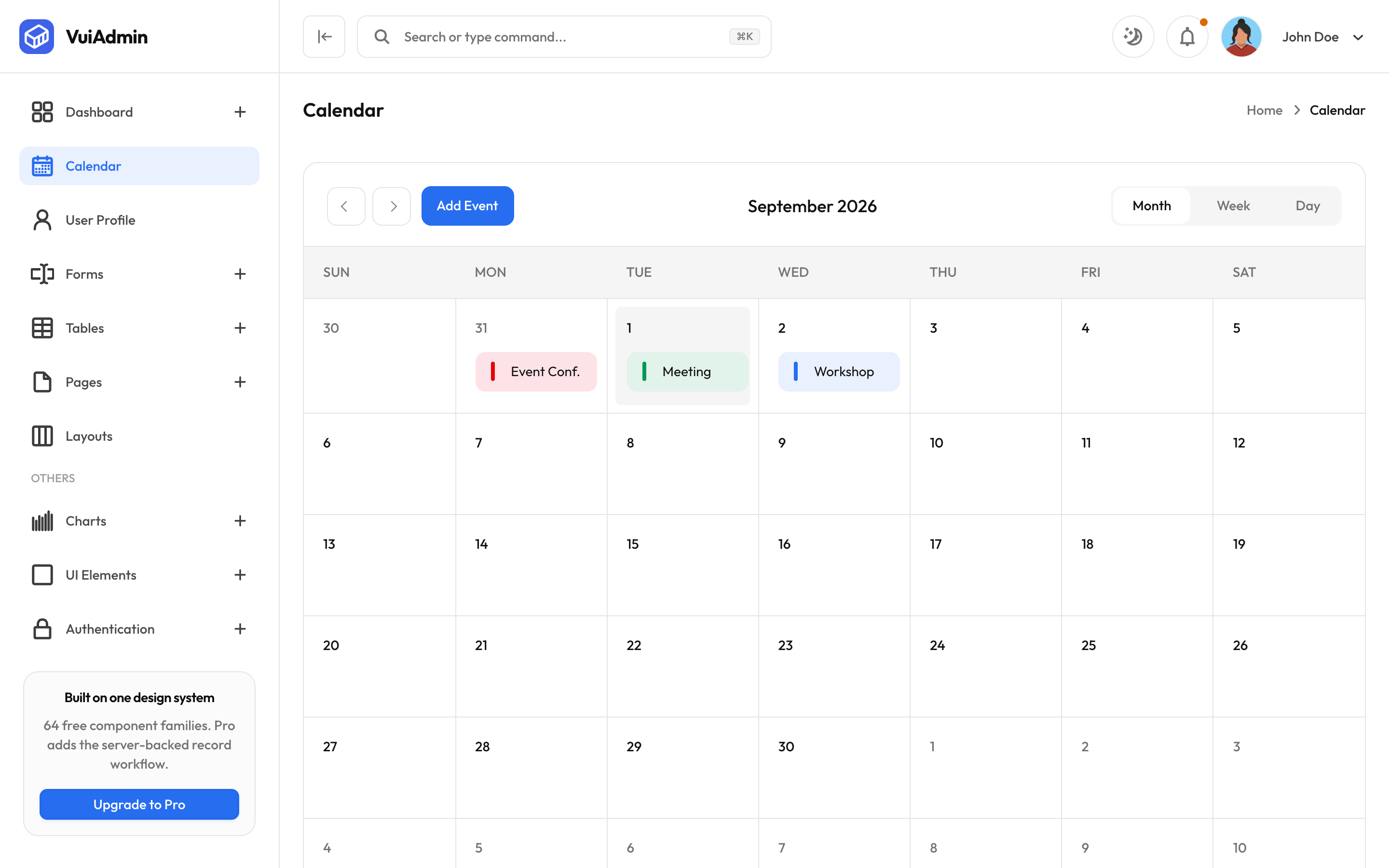 The calendar screen with month, week and day views, and coloured events