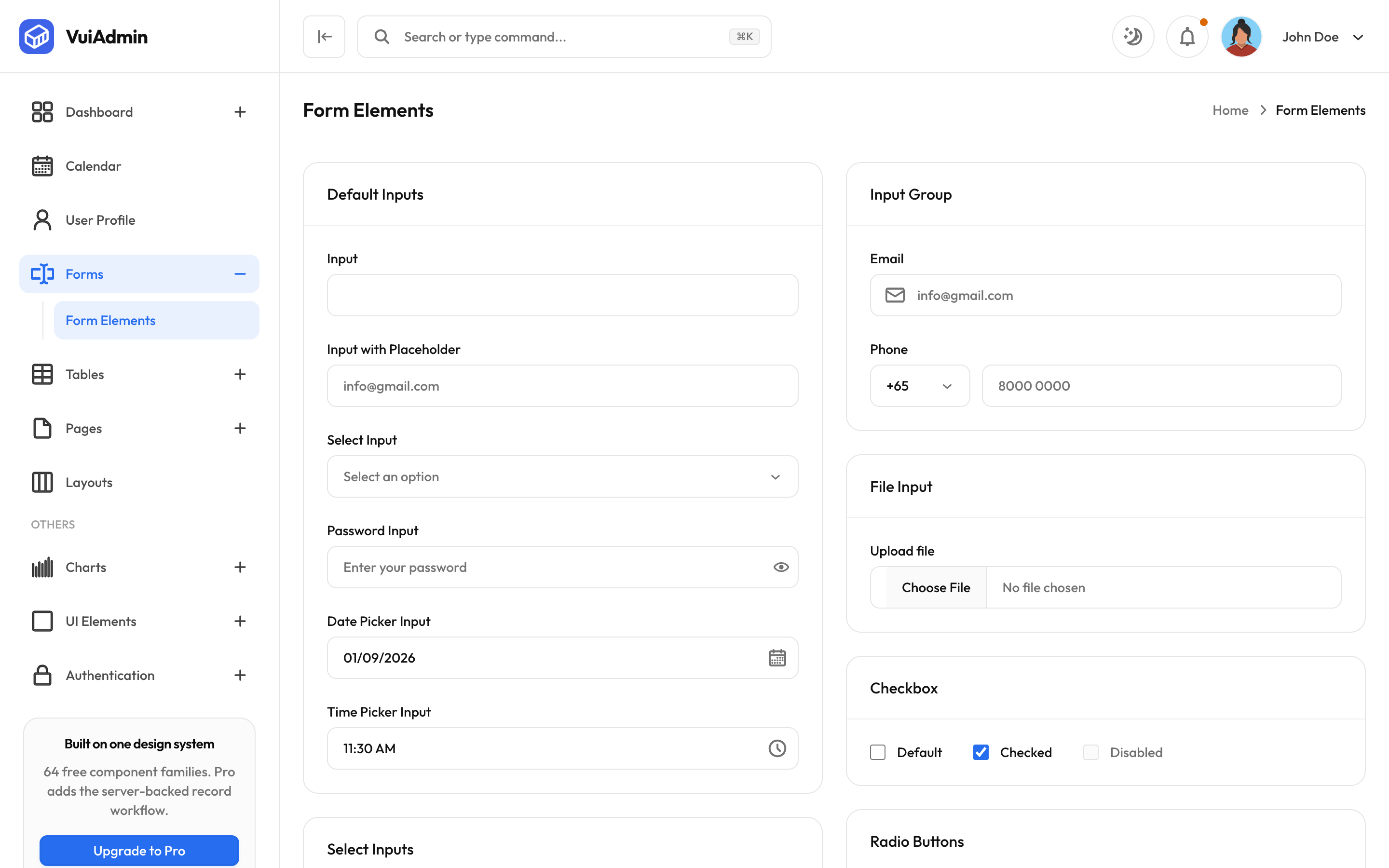 Every form control in the template: text, select, multi-select, date, time, radio, checkbox, switch, file upload and password
