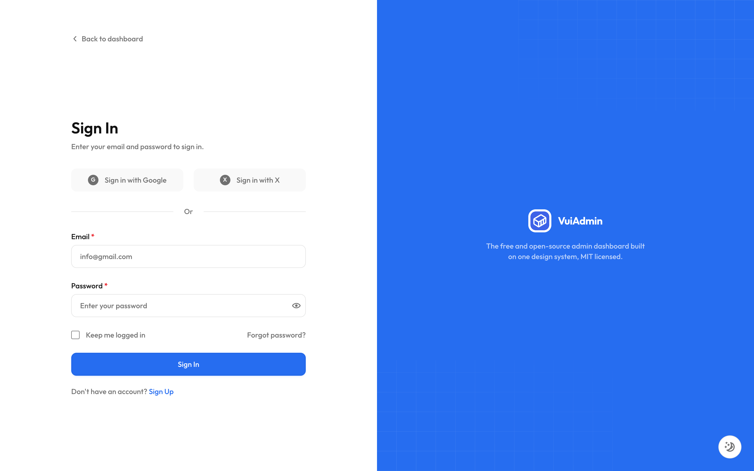 The split-screen sign in page, with the form on the left and the brand panel on the right